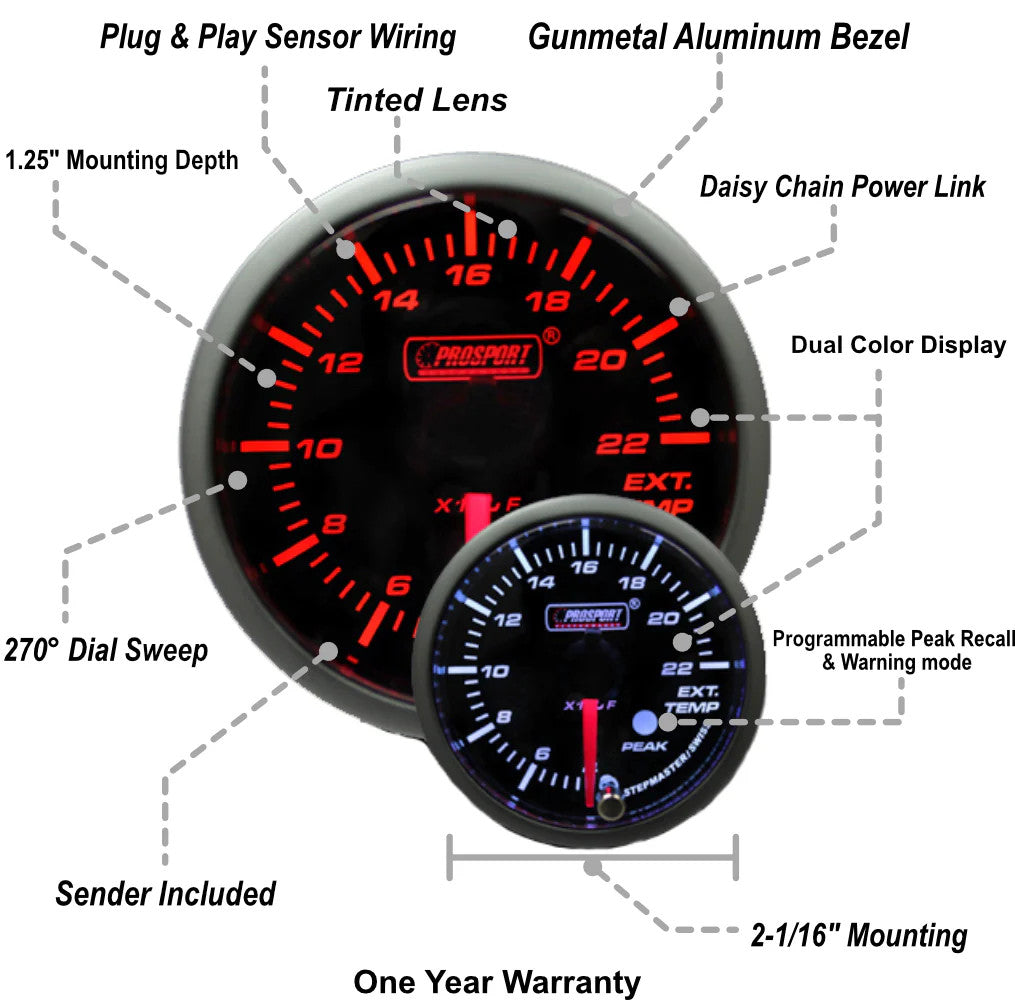 Prosport 52mm Premium Amber / White EGT Gauge - Specs