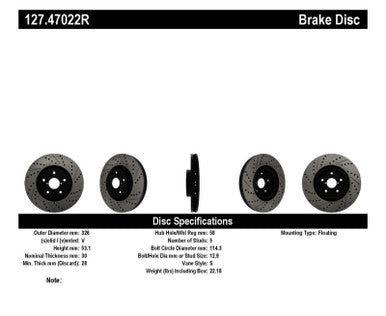 StopTech 05-10 Subaru Impreza WRX/STi Slotted & Drilled Right Front Rotor - 127.47022R