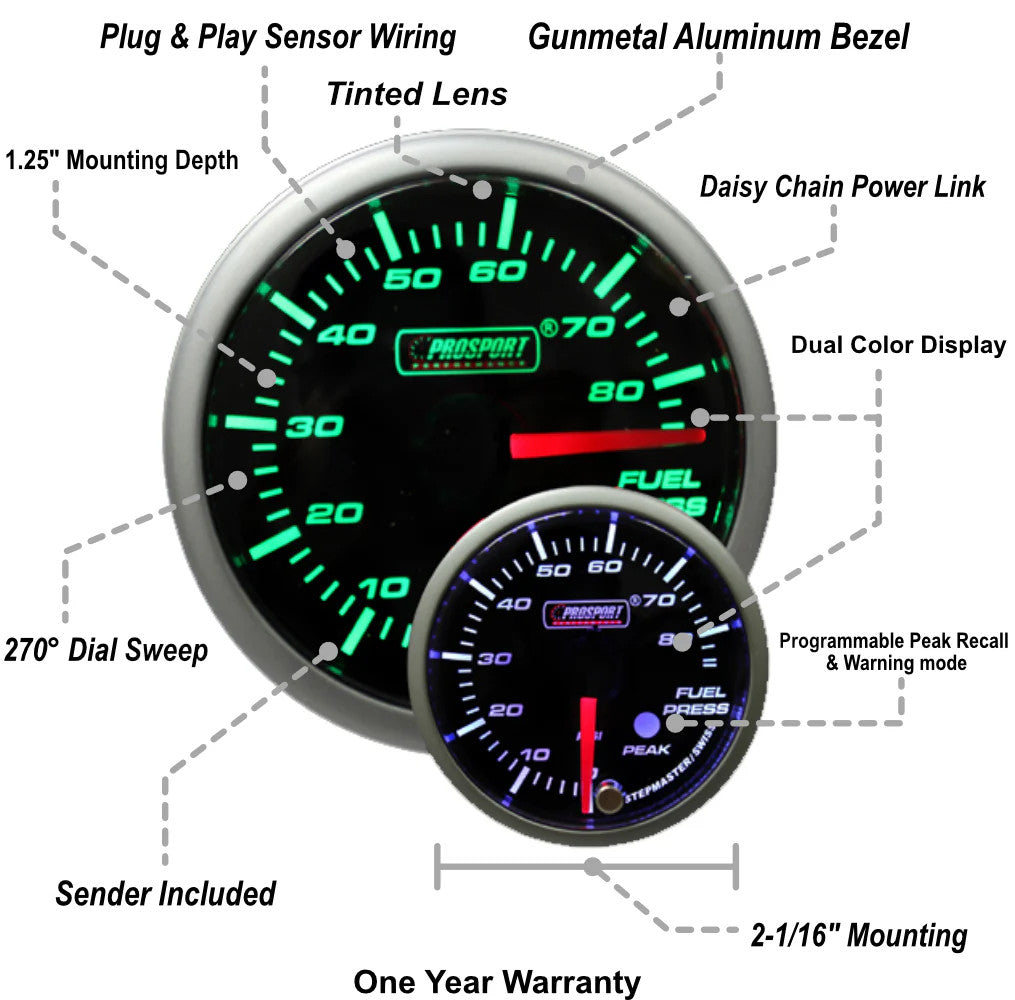 Prosport 52mm Green/White Premium Fuel Pressure Gauge - Specs