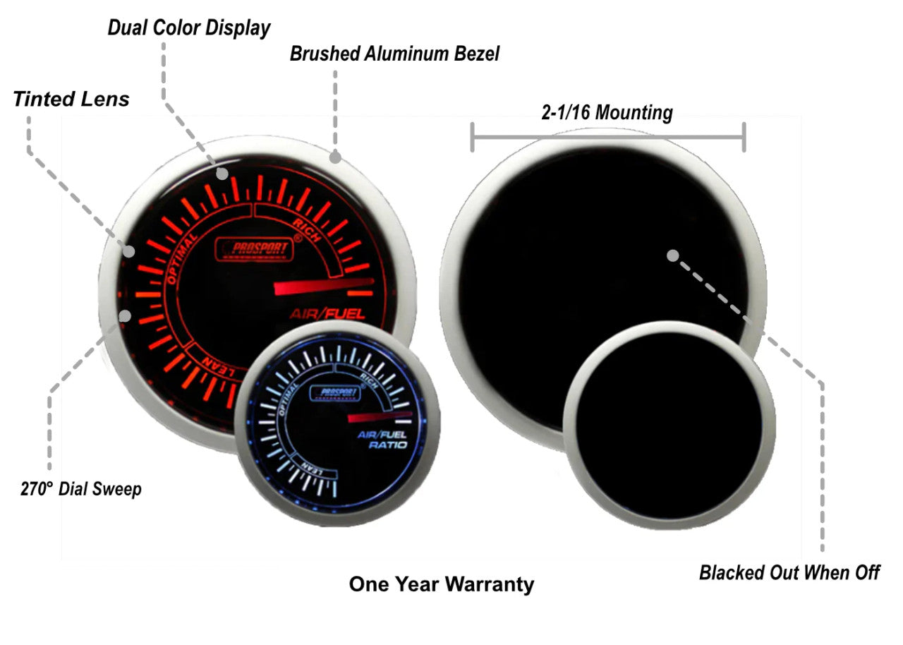 Prosport 52mm Amber / White - Air Fuel Ratio Gauge - Specs