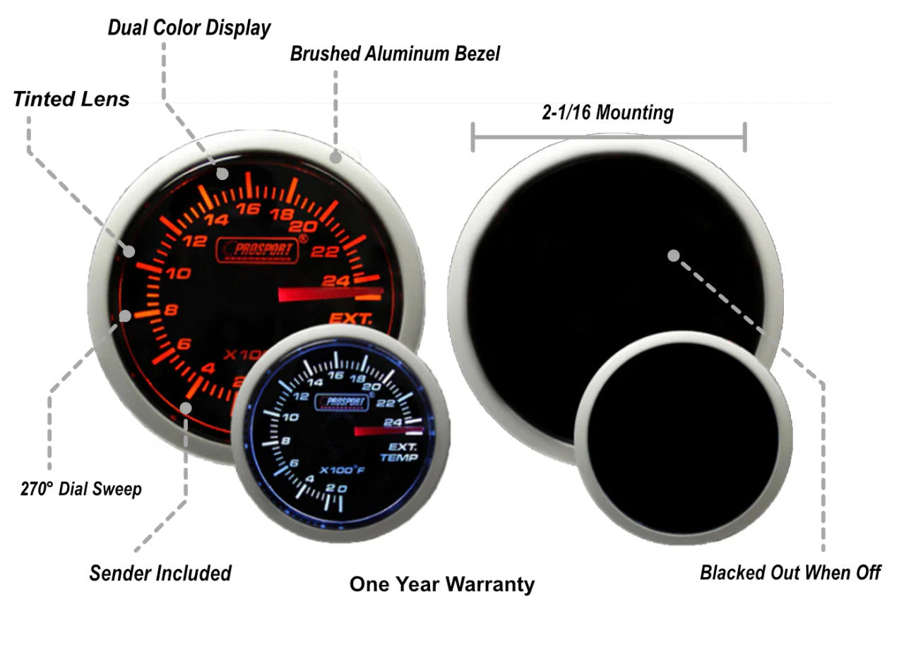 Prosport 52mm Amber / White - Electrical Exhaust Gas Temperature Gauge - Specs