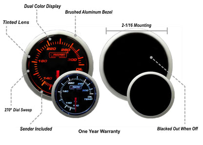 Prosport 52mm Amber / White - Electric Oil Temperature Gauge - Specs