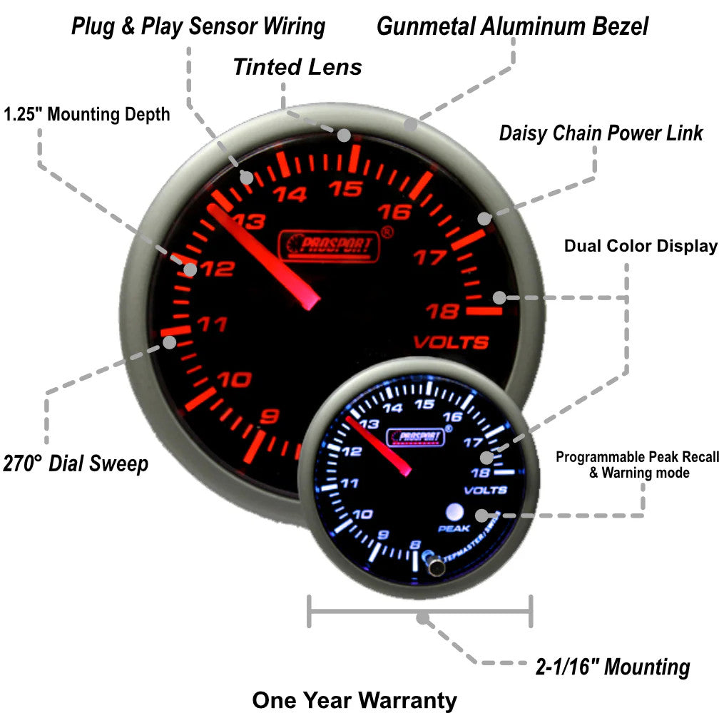 Prosport 52mm Premium Amber / White Volt Gauge - specs