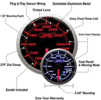 Prosport 60mm Amber/White Premium Water Temperature - Specs